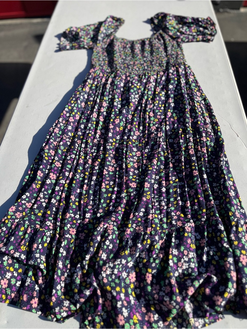 Black Floral Tiered Maxi Skirt with Pink and Green Accents - Picture 3 of 4